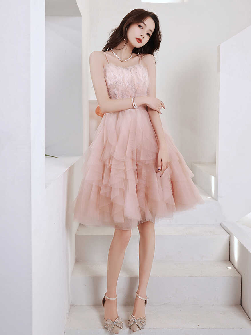 Pink Tulle Cute Short Party Dress Homecoming Dress, Pink Straps ...