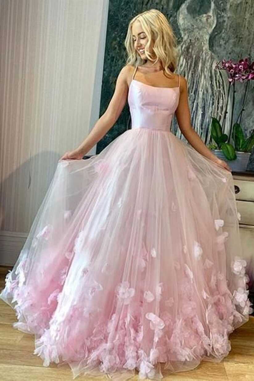 Pink Tulle Floral Long Prom Dresses,Spaghetti Straps Pink Floral ...