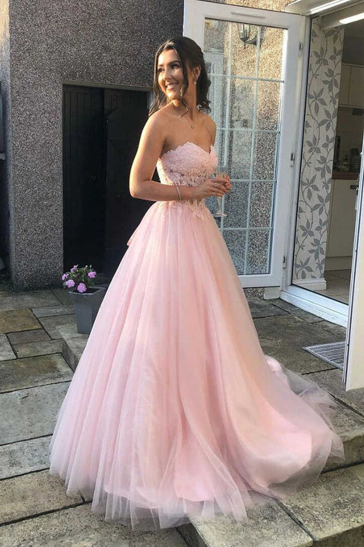 Pink Tulle Lace A-line Sweetheart Prom Dresses MP683 | Musebridals