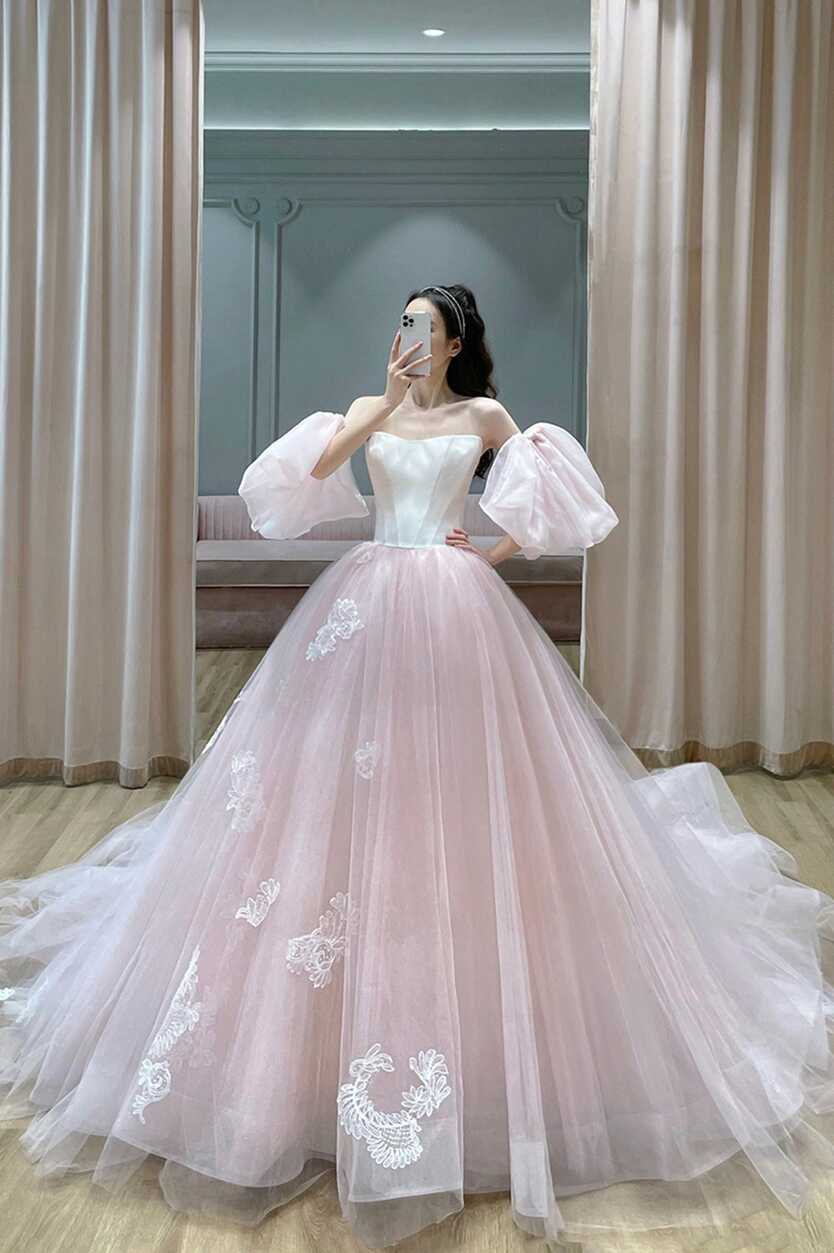 Pink Tulle Lace Long A-Line Princess Dress, Cute Puff Sleeve Sweet 16