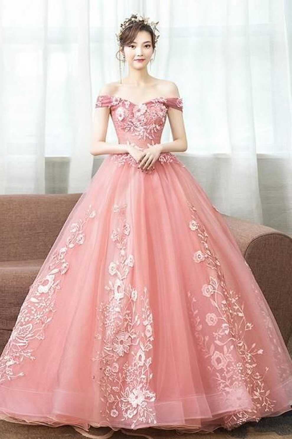 Pink Tulle Lace Long Ball Gown Dress Formal Dress