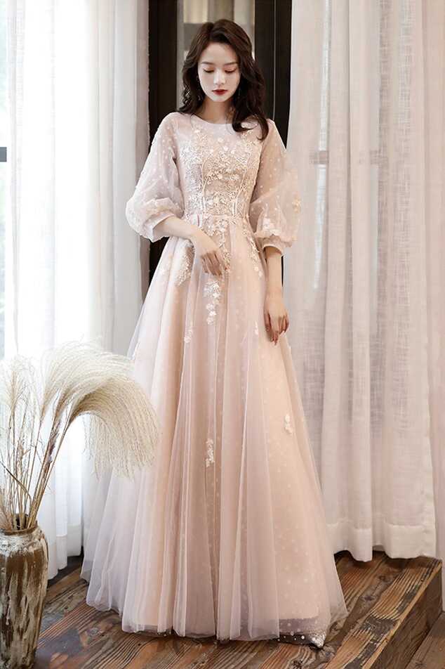 Pink Tulle Lace Long Sleeve Prom Dress, Lovely A-Line Party Dress