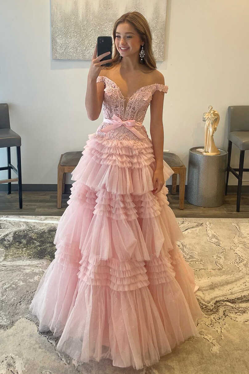 Pink Tulle Lace Off-the-Shoulder Ruffles Tiered Long Prom Dress ...