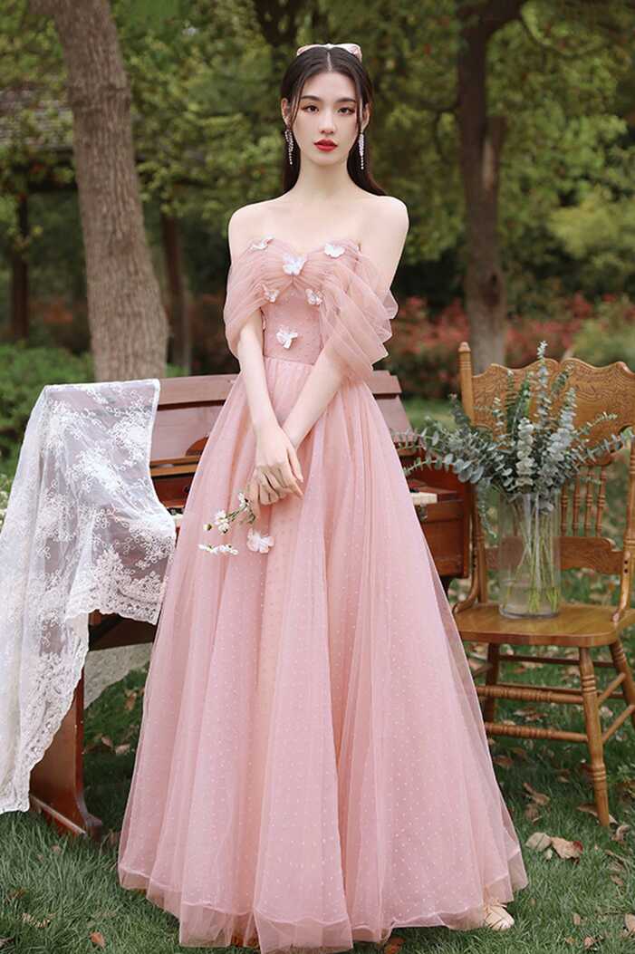 Pink Tulle Long A-Line Prom Dress, Cute Pink Evening Party Dress