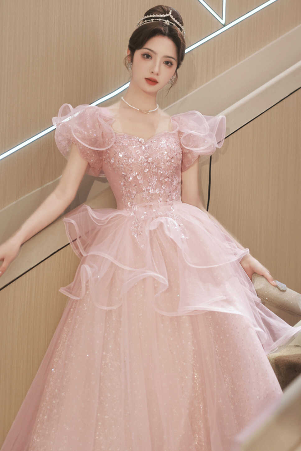 Pink Tulle Sequins Long Formal Dresses, Beautiful Short Sleeve Evening