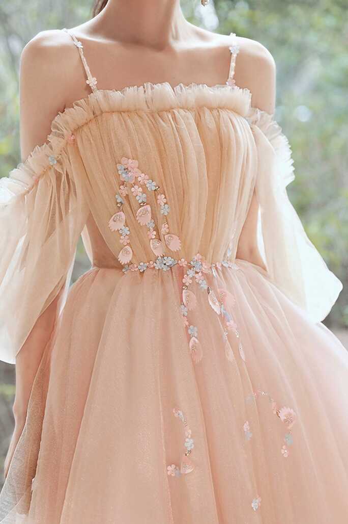 Pink Tulle Short A-Line Prom Dress, Lovely Spaghetti Straps Homecoming