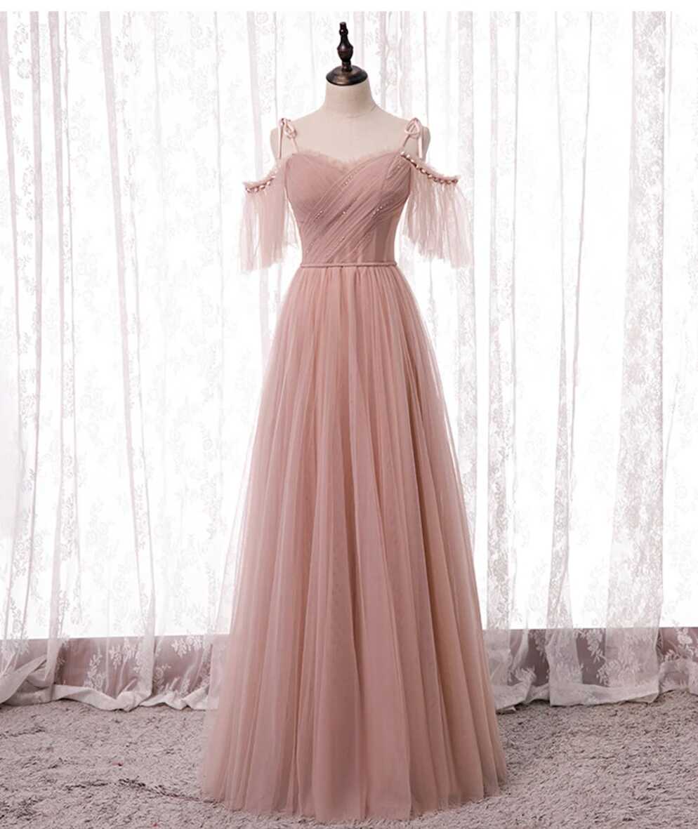 Pink Tulle Simple Long Wedding Party Dresses, Pink Tulle Prom ...