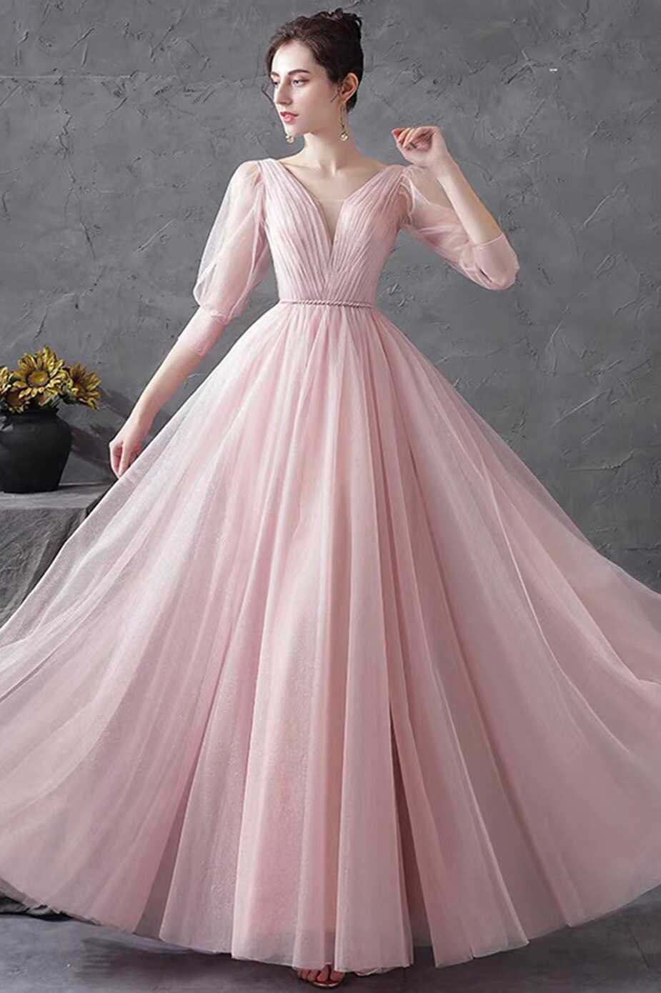 Pink Tulle V-Neck Long Prom Dress, A-Line 1/2 Sleeves Evening ...