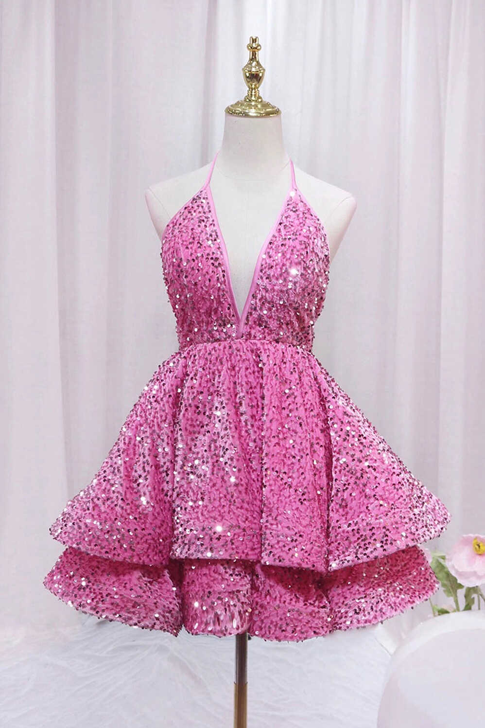 Pink V-Neck Sequins Short Prom Dress, Pink A-Line Backless Party Dress