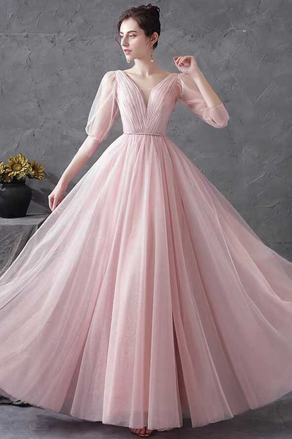 Pink V-Neck Tulle Long Prom Dress, Simple 1/2 Sleeve Evening Party Dre