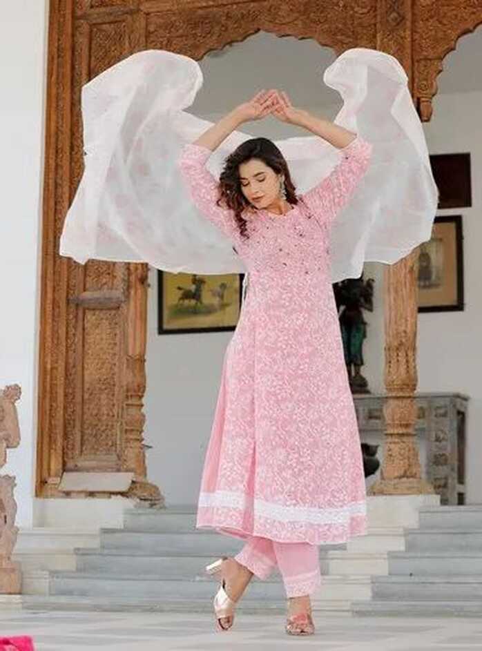 Pink White Cotton Anarkali Suit, Machine wash at Rs 1150 in Jaipur ...