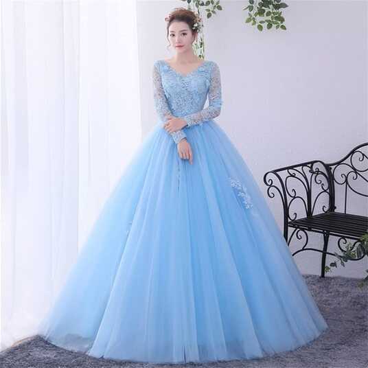 Pink Women Ball Gown Soft Tulle Dresses Long Sleeves Prom Dress ...