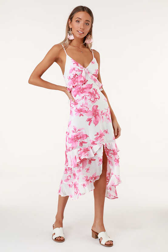 Pink and White Floral Print Dress - Midi Dress - Ruffled Dress - Lulus