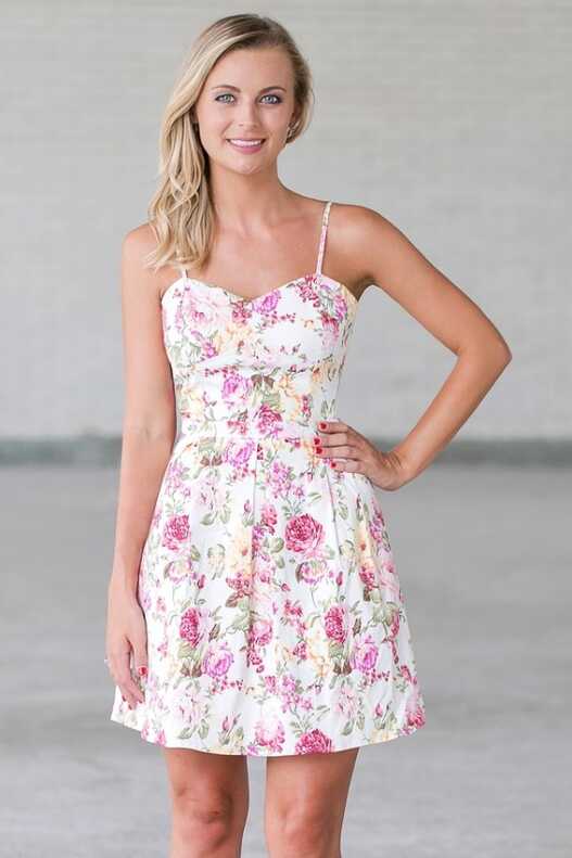 Pink and White Floral Print Sundress, Cute Juniors Summer Dress ...