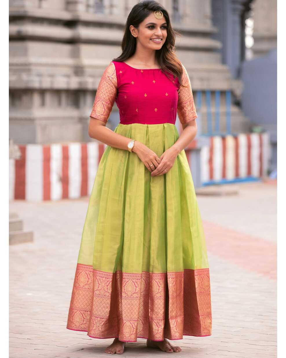 Pink and green tissue dress by The Anarkali Shop | The Secret Label