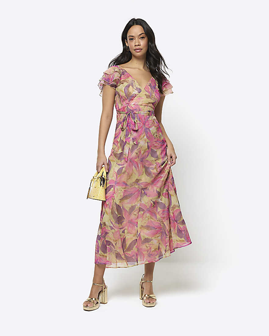 Pink floral frill sleeve swing midi dress | River Island