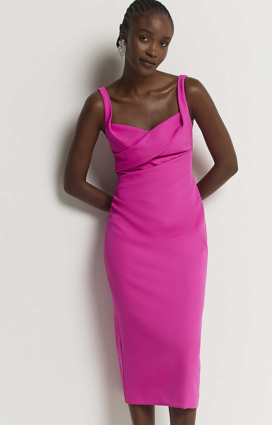 Pink ruched open back bodycon midi dress | River Island