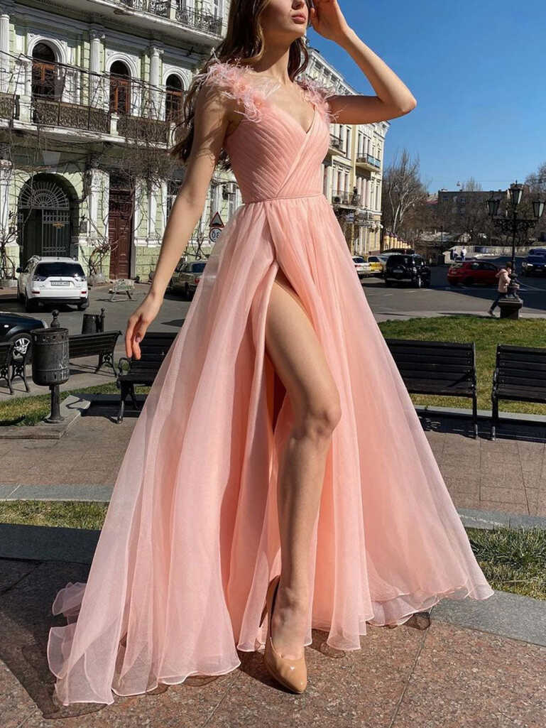 Pink v neck tulle long prom dress, pink tulle formal dress – dresstby