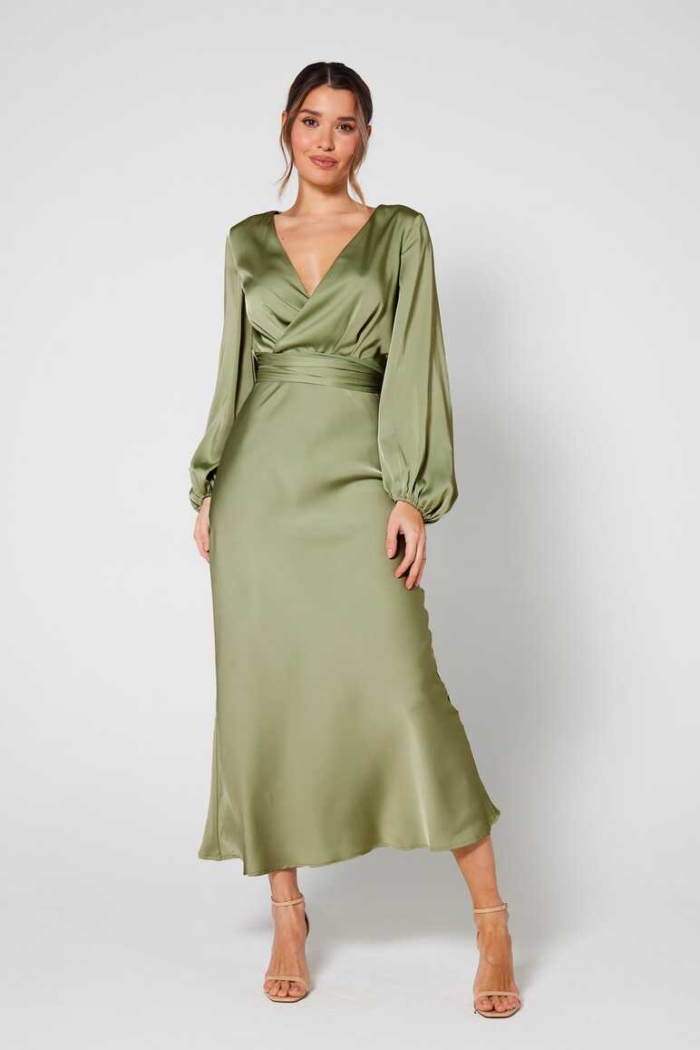 Pippa Long Sleeve Satin Maxi Dress in Olive | Luxe Collection ...