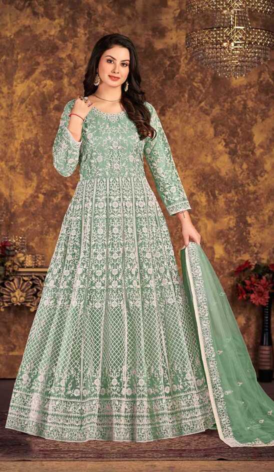 Pista Green Color Net Cording Work Party Wear Long Gown Dress ...