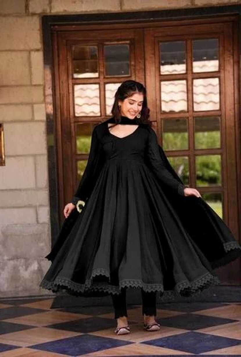 Plain Black Presenting New Anarkali Faux Georgette Gown With ...