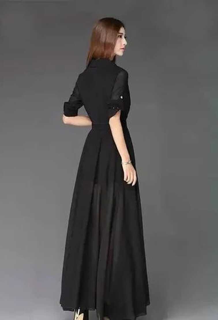 Plain Black Western Front Slit Fit And Flare Long Dress, Machine ...