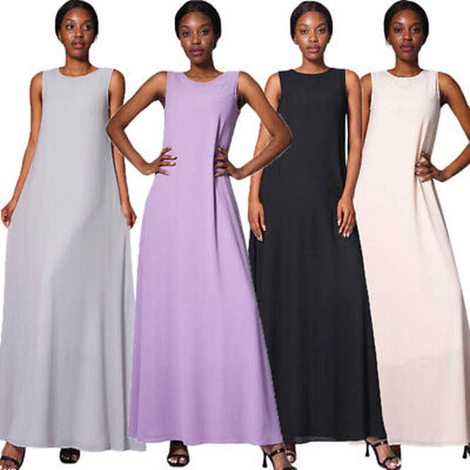 Plain Chiffon Women Muslim Casual Sleeveless Long Maxi Dress Dubai ...