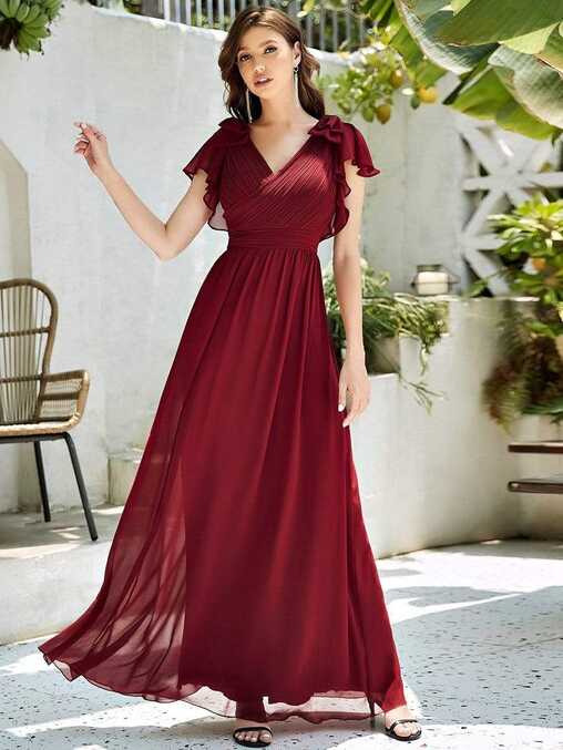 Pleated Bodice Long Chiffon Evening Dress with Ruffle Sleeves ...