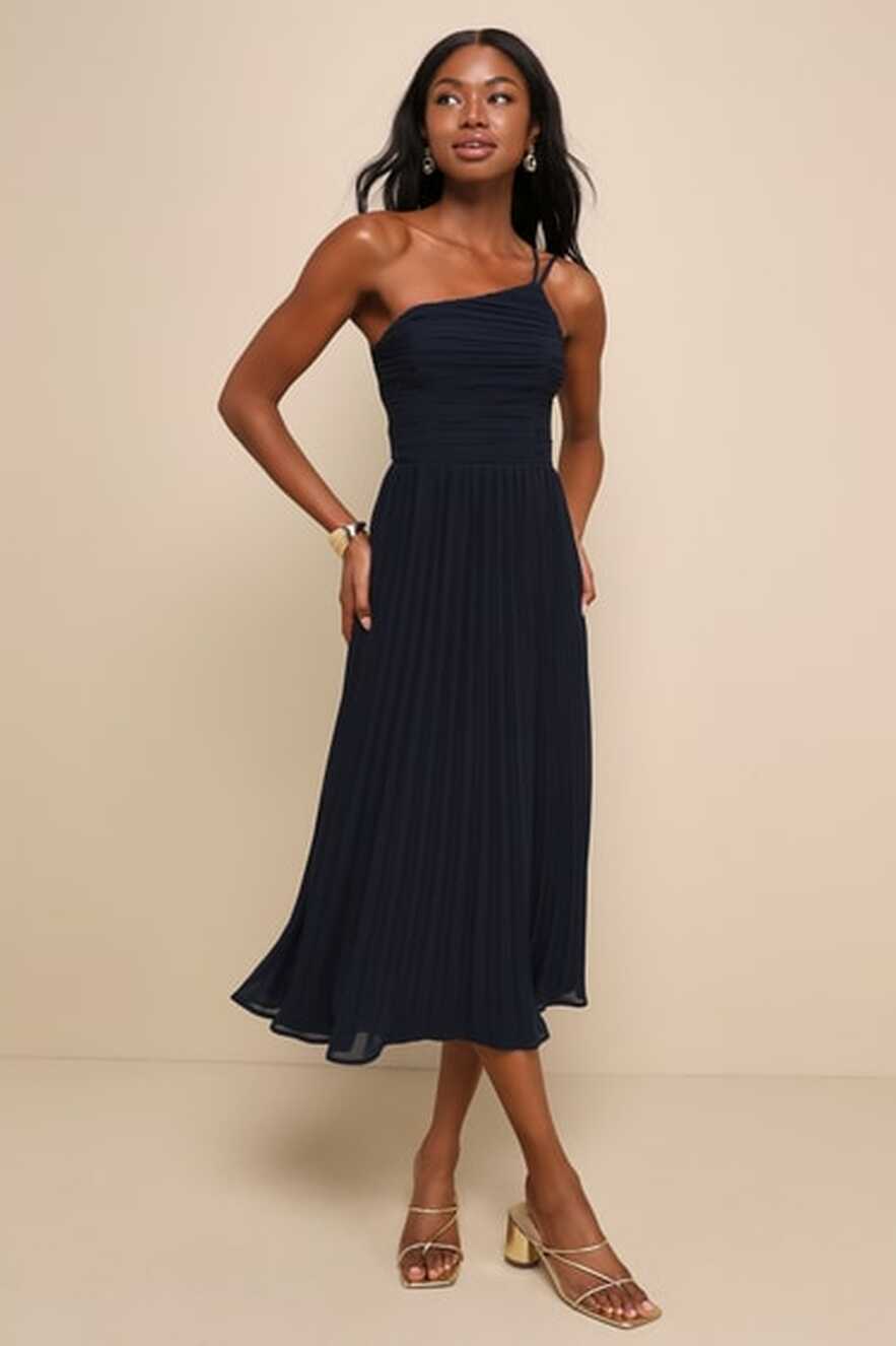 Pleated Midi Dress - One-Shoulder Dress - Navy Blue Midi Dress - Lulus