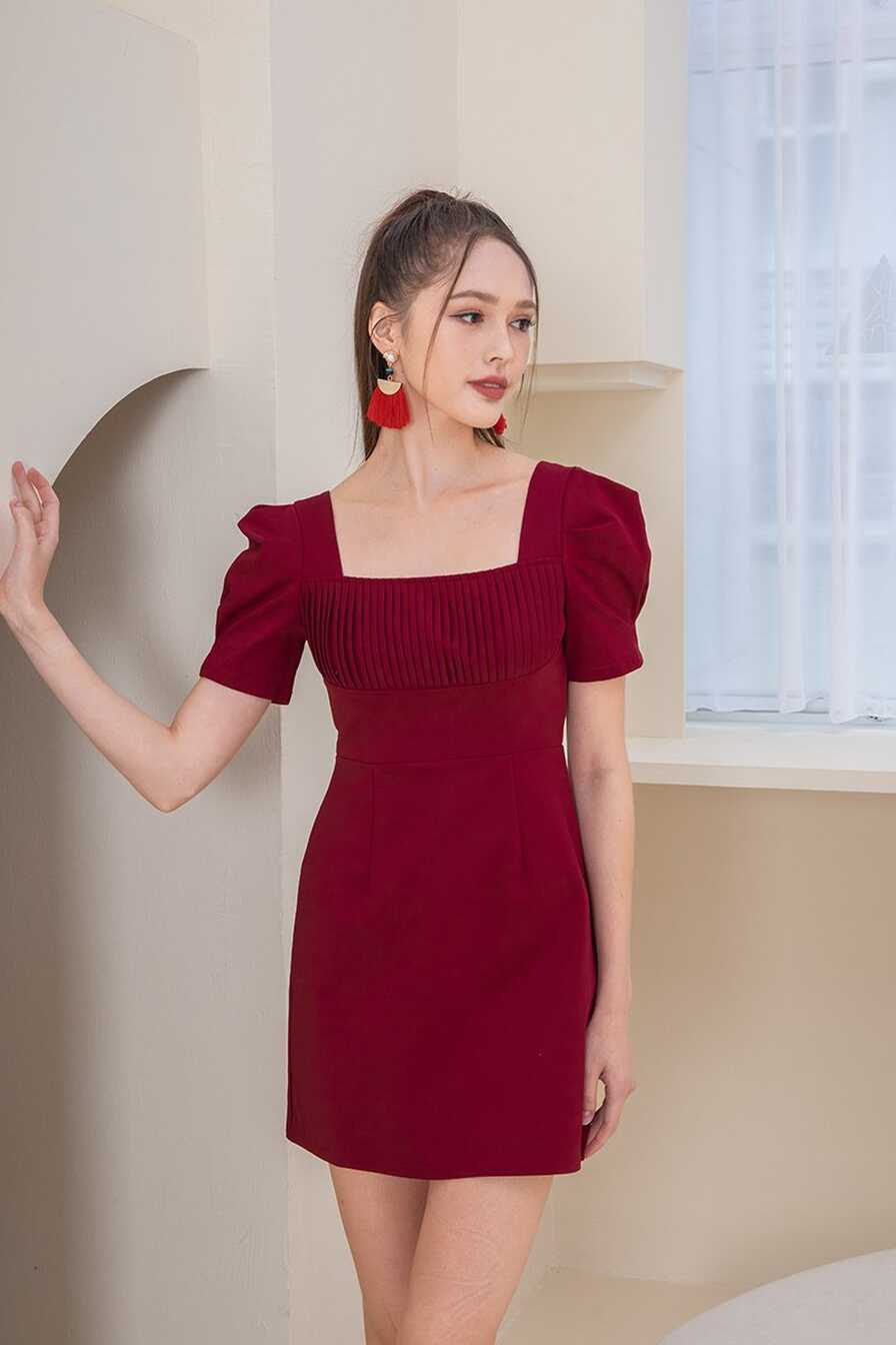 Pleatful of Possibilities Work Dress Burgundy Red | lechicsg