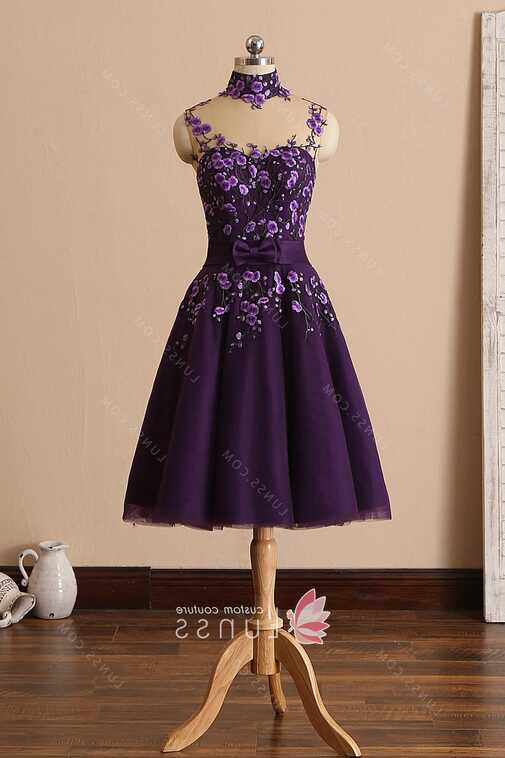 Plum Purple Blossom Illusion Knee Length Party Dress - Lunss