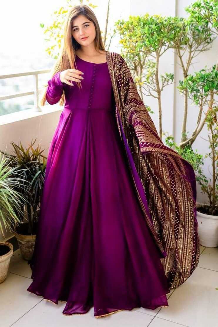 Plum Purple Plain Anarkali Gown With Dupatta