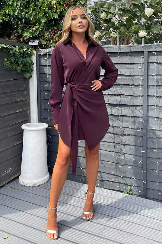 Plum Tie Wrap Long Sleeve Mini Dress – AX Paris