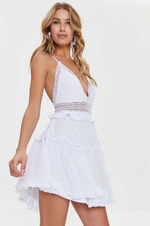 Plunging Lace-Back Ruffled Dress