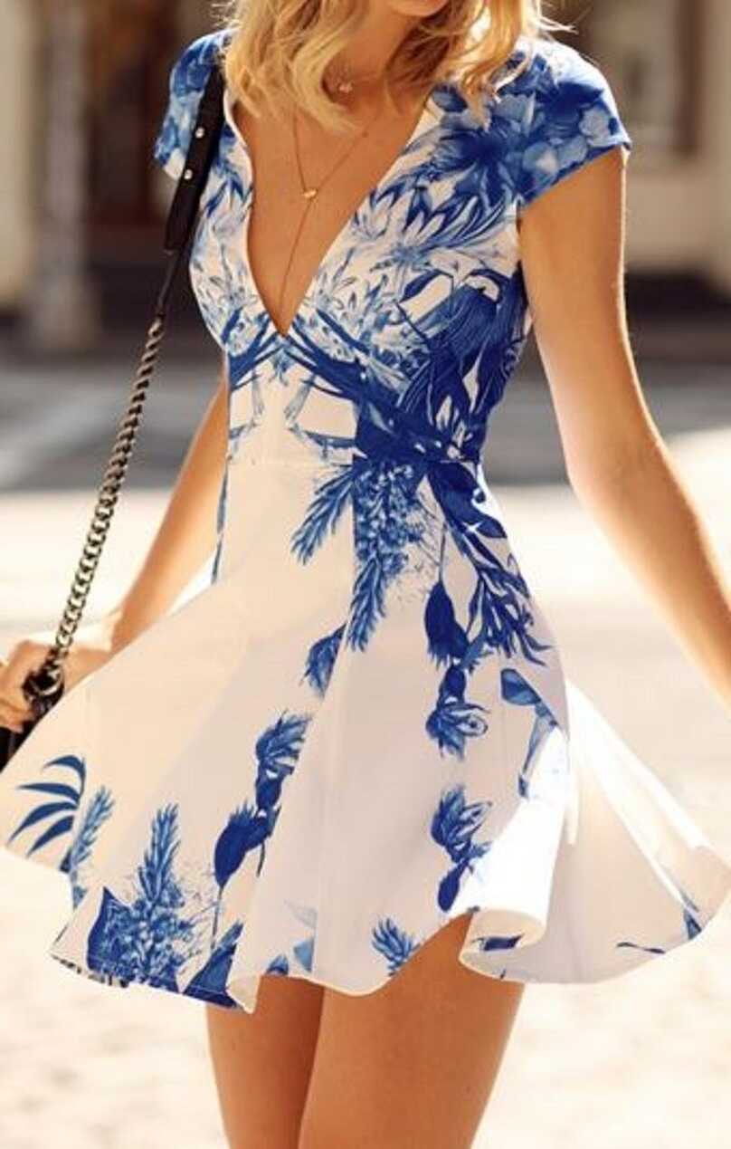 Plunging Neck Blue Floral Print Dress WHITE