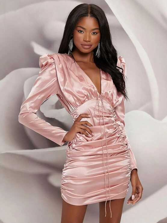 Plunging Neck Gigot Sleeve Ruched Satin Bodycon Dress