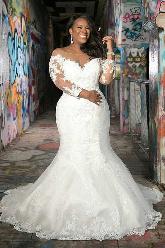 Plunging Neck Long Sleeve Lace Mermaid Wedding Dress BWD005