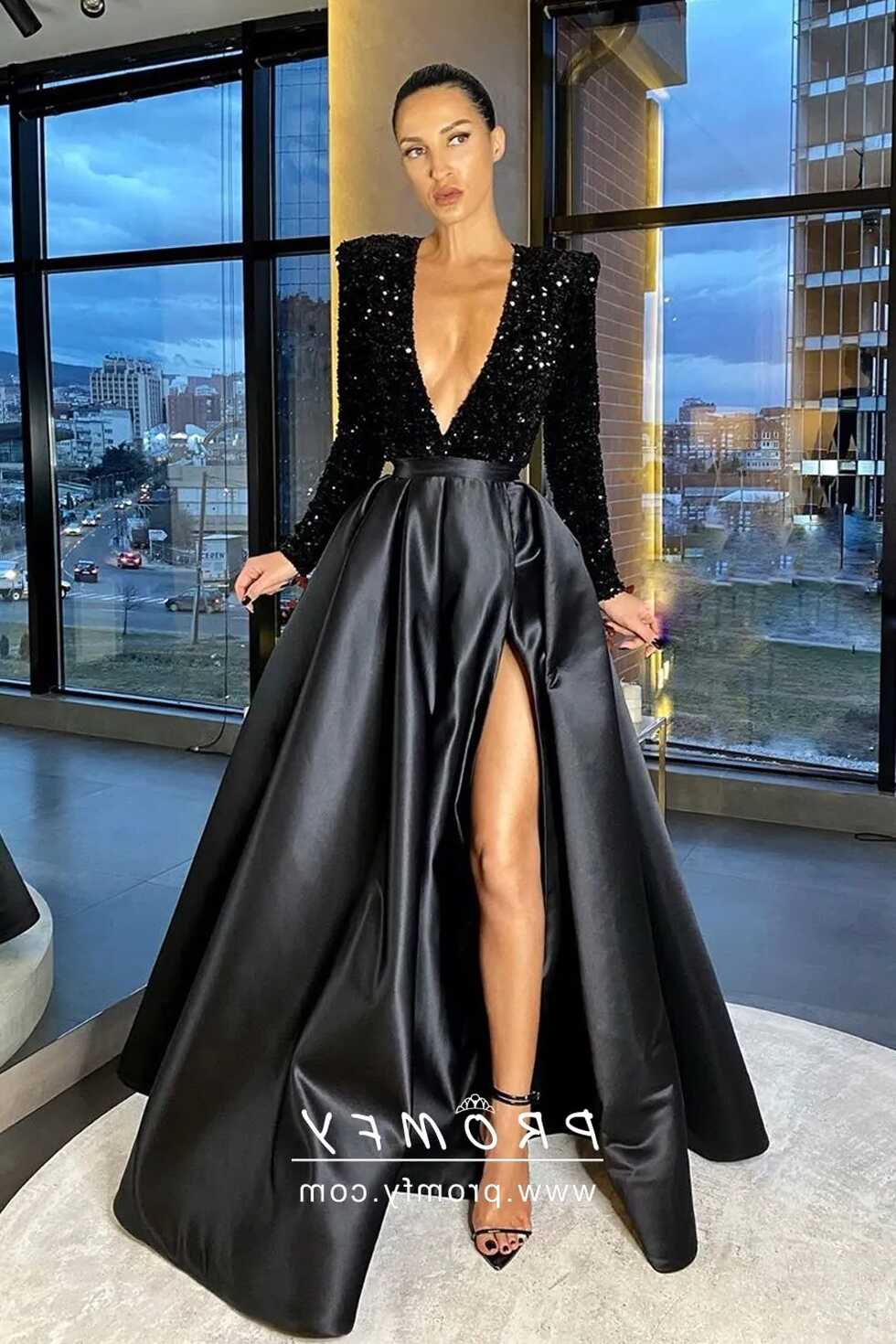 Plunging V Neck Long Sleeve Split Black Prom Dress - Promfy