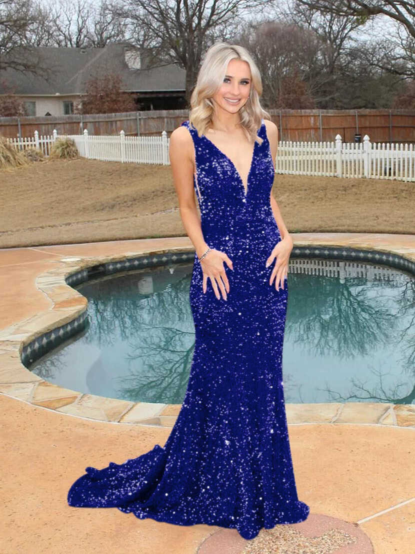 Plunging V Neck Sequin Mermaid Prom Dresses Sparkly Court Train ...