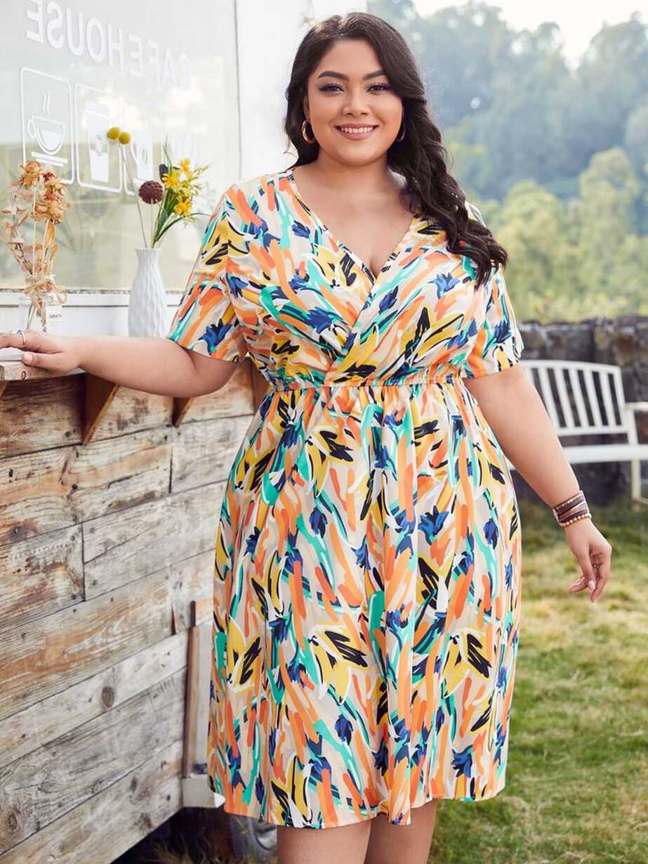 Plus All Over Print Wrap V Neck Dress