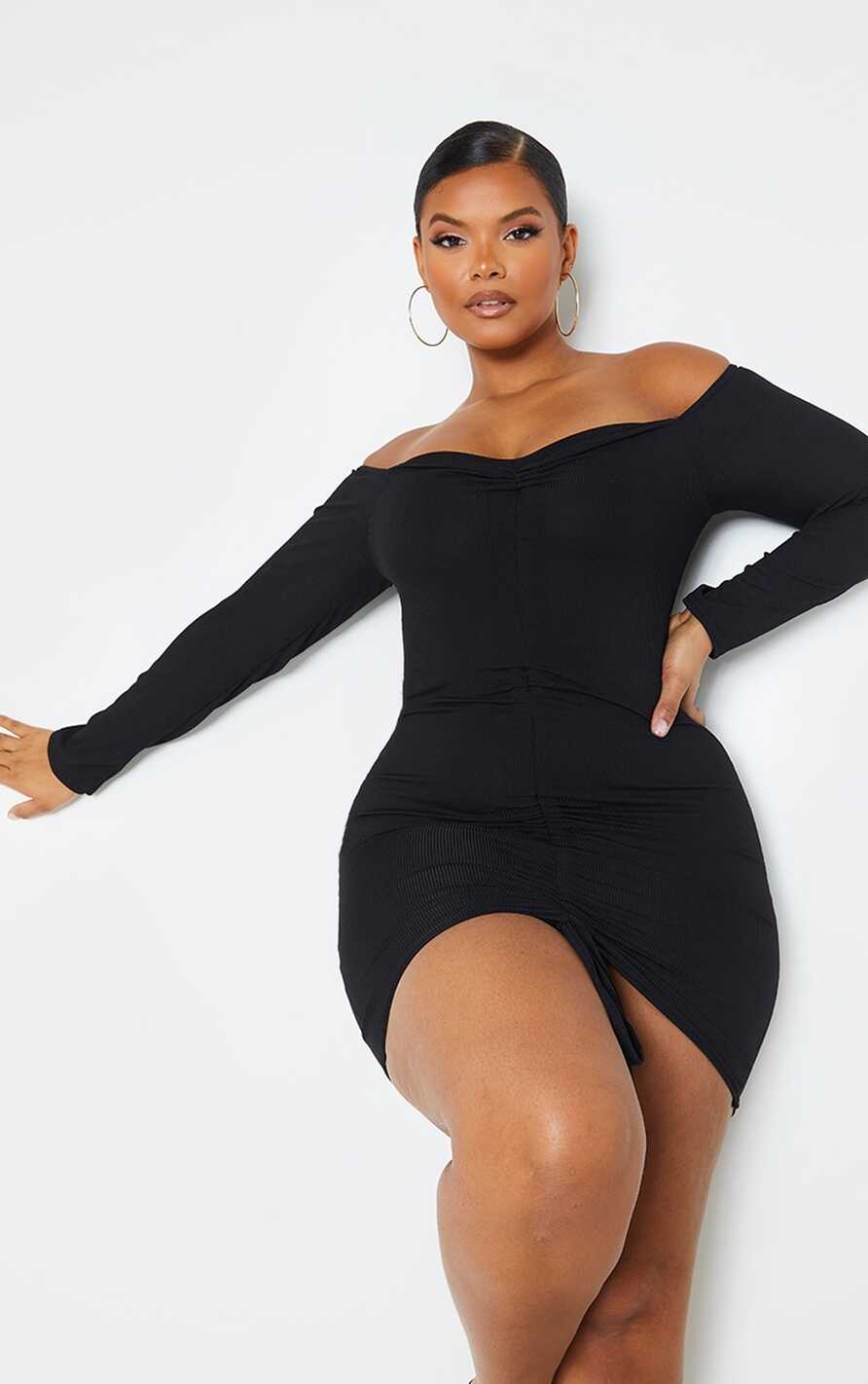 Plus Black Ribbed Long Sleeve Bardot Ruched Bodycon Dress ...