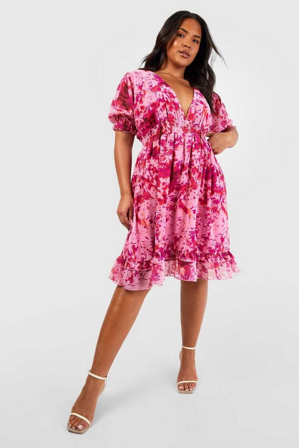 Plus Floral Print Chiffon Short Sleeve Skater Dress | boohoo NZ