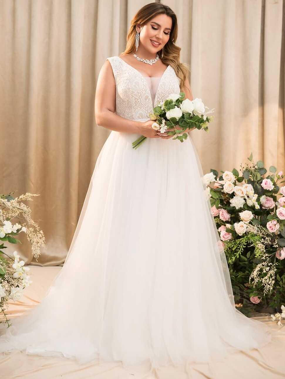 Plus Lace Panel Mesh Wedding Dress | SHEIN USA