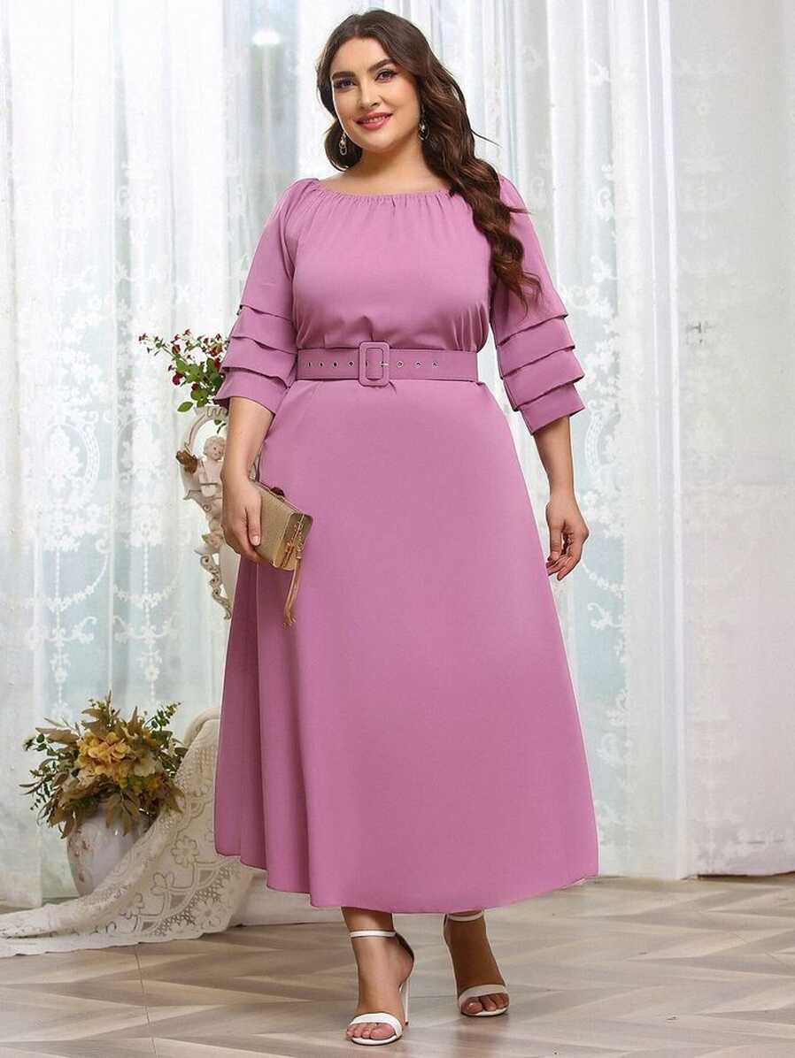 Plus Layered Sleeve Belted Dress