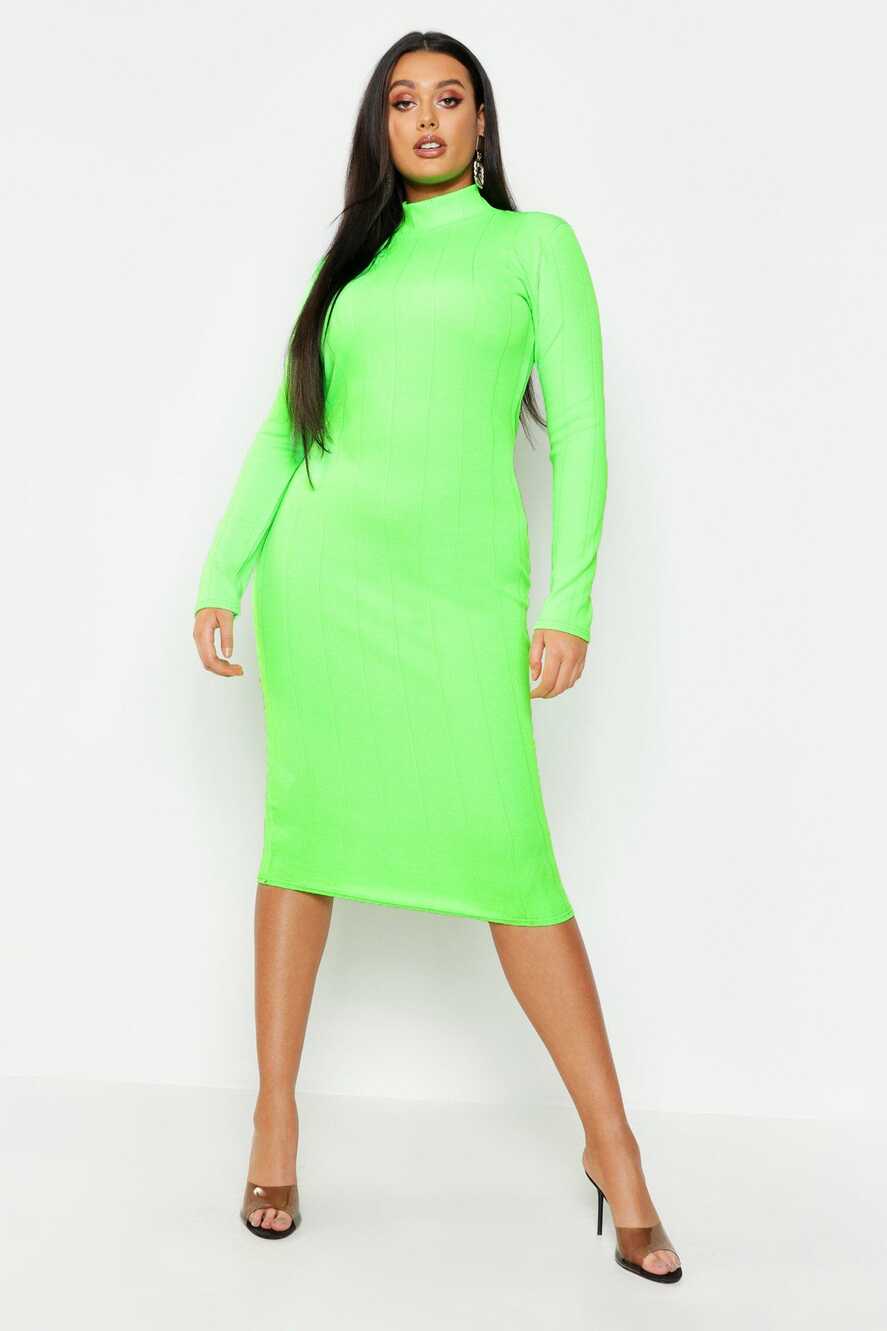 Plus Neon High Neck Long Sleeve Bandage Midi Dress