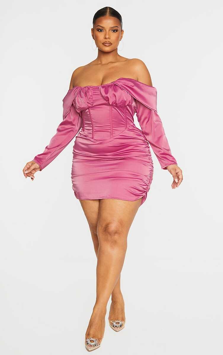 Plus Pink Drape Bardot Sleeve Back Bodycon Dress ...