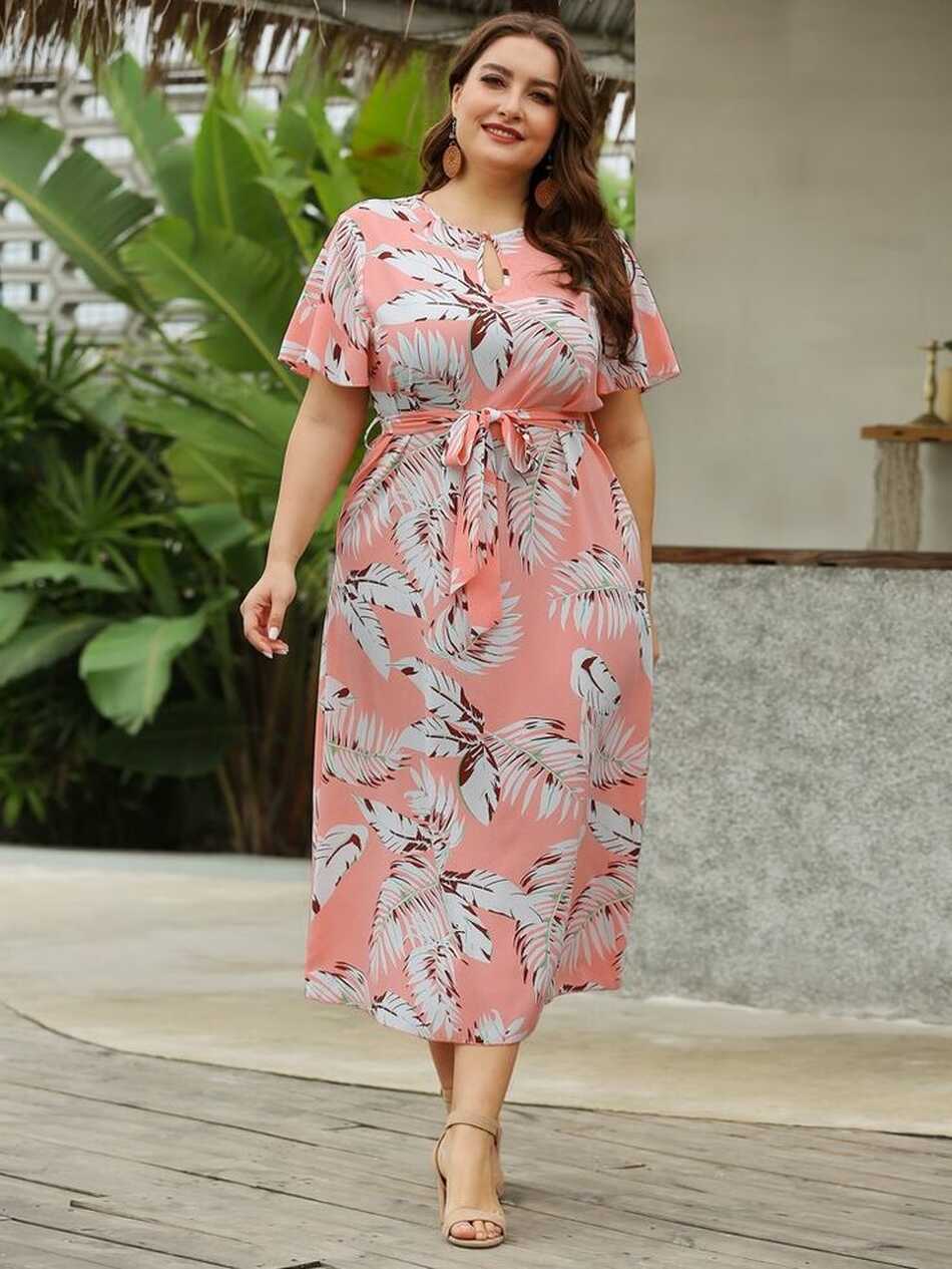 Plus Plants Print Keyhole Neck Belted Dress