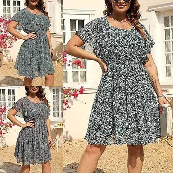 Plus Plus Size Casual Dress Women O Neck A Line Knee Length Wrap ...