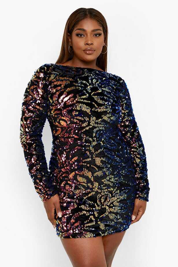 Plus Rainbow Sequin Long Sleeve Bodycon Dress