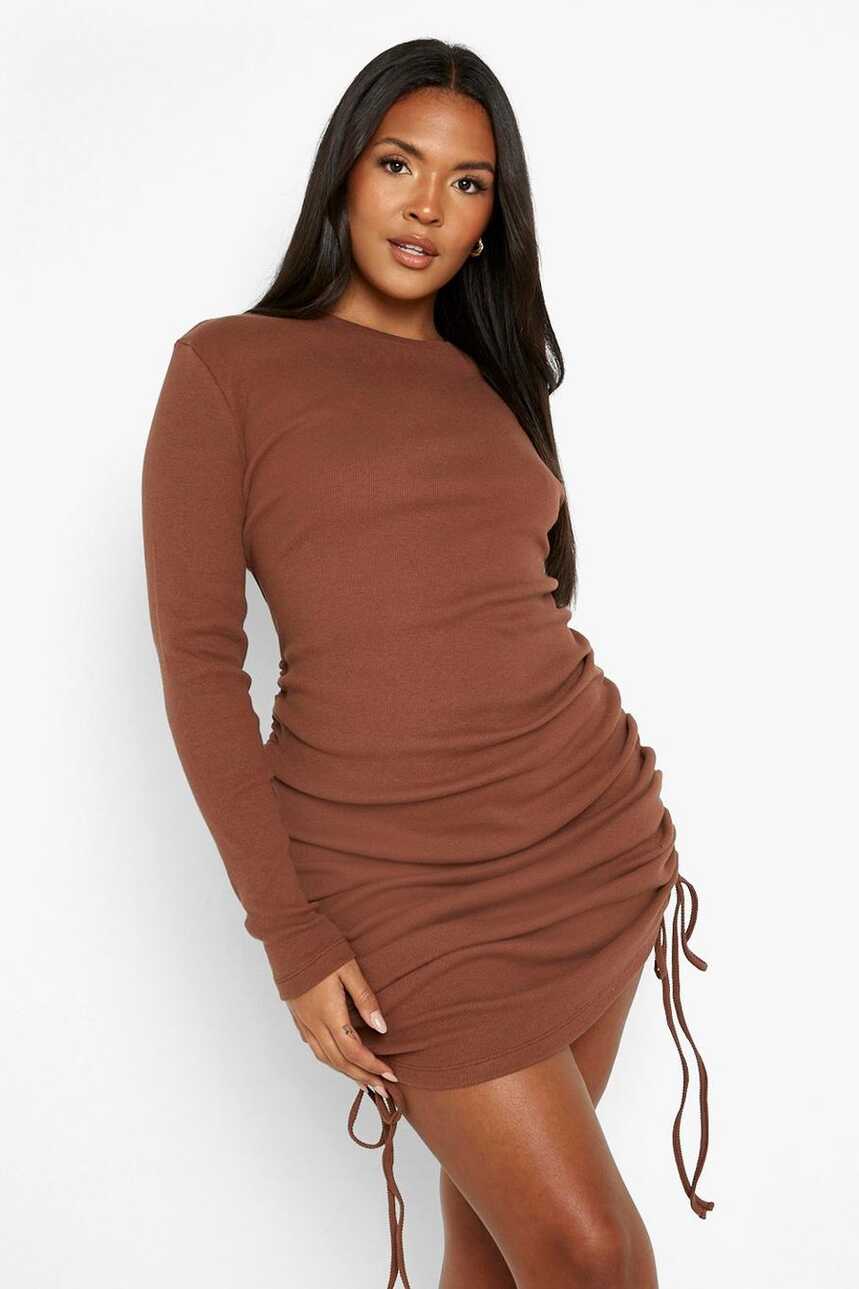 Plus Rib Ruched Long Sleeve Bodycon Dress